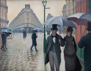 Image shows an impressionist painting depicting people strolling down an intersection in Paris