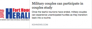 10/28/2014, Once the tearful reunions have ended, military couples can experience unanticipated hurdles as they transition back into a routine.