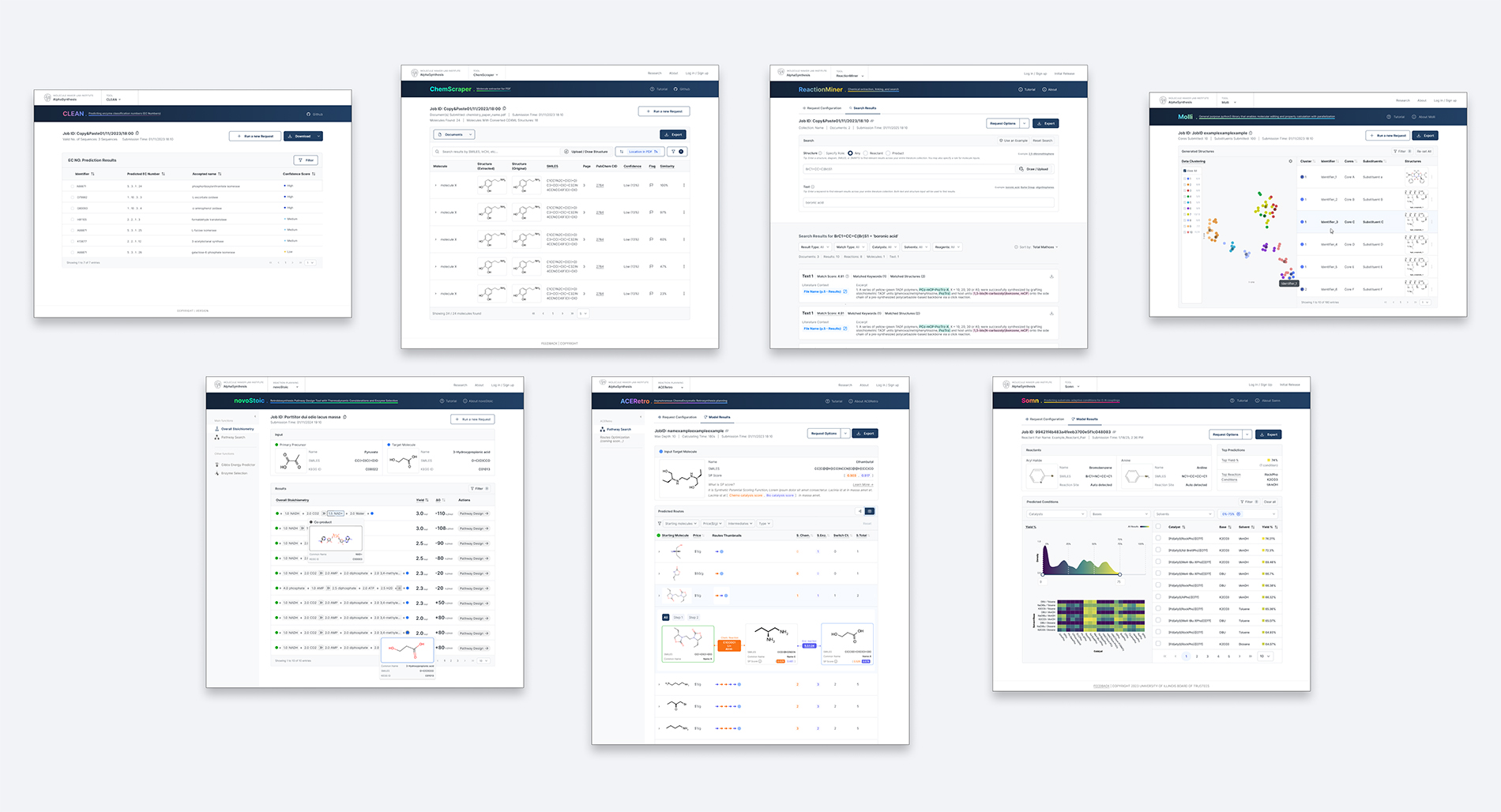 Screenshots of all the applications created for this suite. Meant to show how the look and feel between applications has been designed in a similar way to minimize unfamiliarity with each new product.
