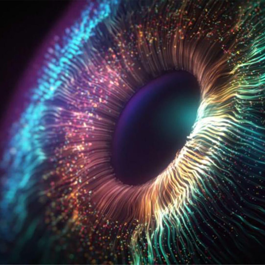 Stylized image of an iris with iridescent cyan, purple and yellow light shining