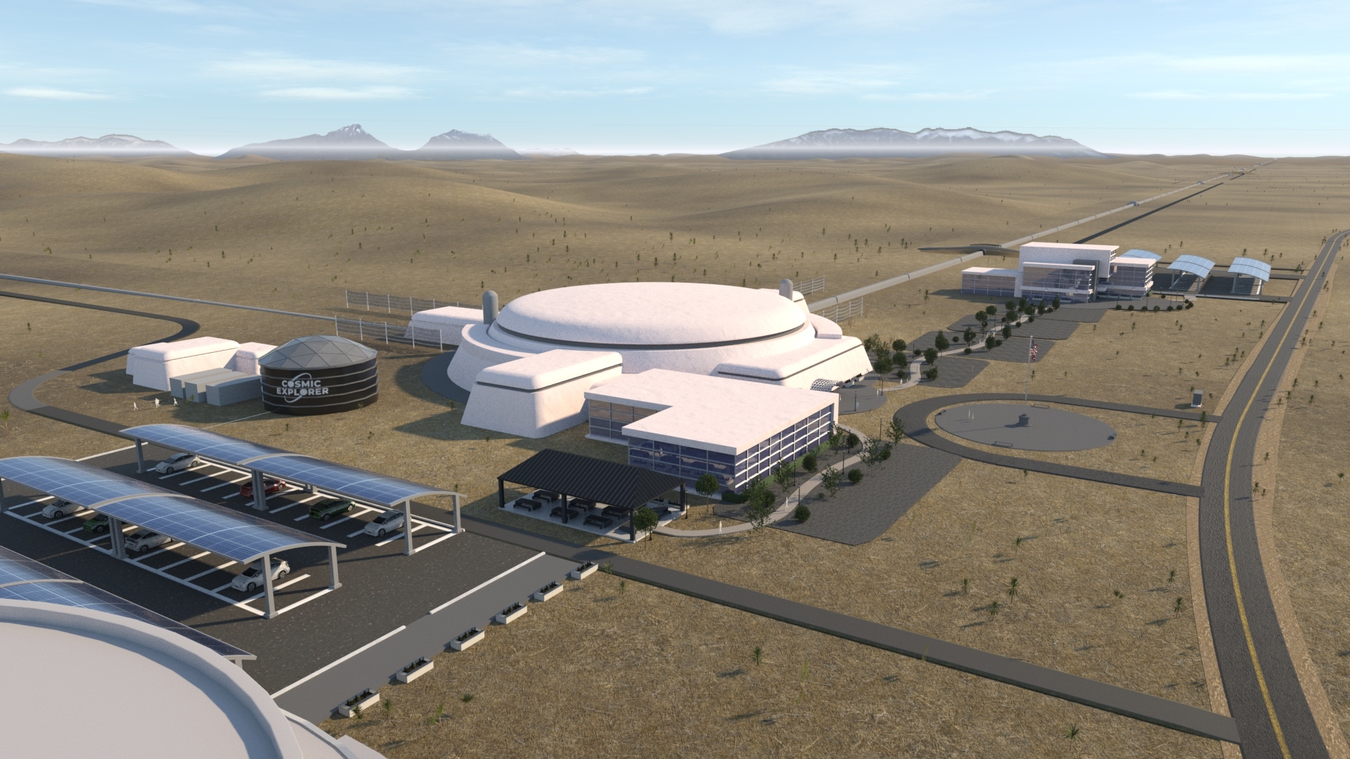 Artist’s impression of a Cosmic Explorer observatory. (Credit: Angela Nguyen, Virginia Kitchen, Eddie Anaya, California State University Fullerton)