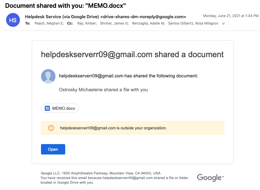 Email pretending to be from a Help Desk notifying recipient of a file shared with them through Google Docs