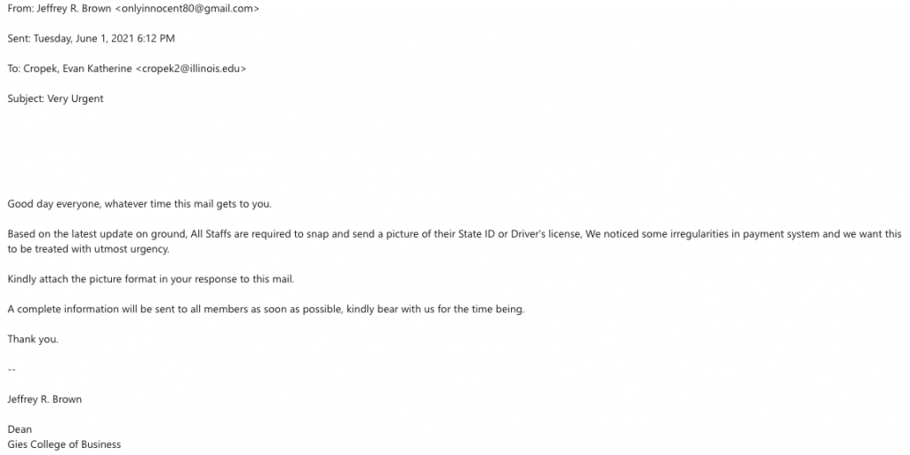 Email from a Gmail address pretending to be Dean Brown asking for photos of drivers licenses