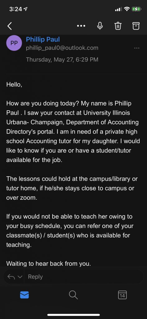 Image of email from "Phillip Paul" claiming to be looking for a tutor for his daughter.