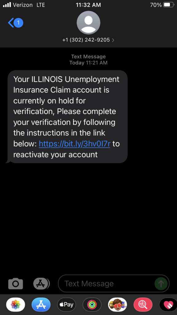 Text pretending to be about ILLINOIS Unemployment Insurance Claim