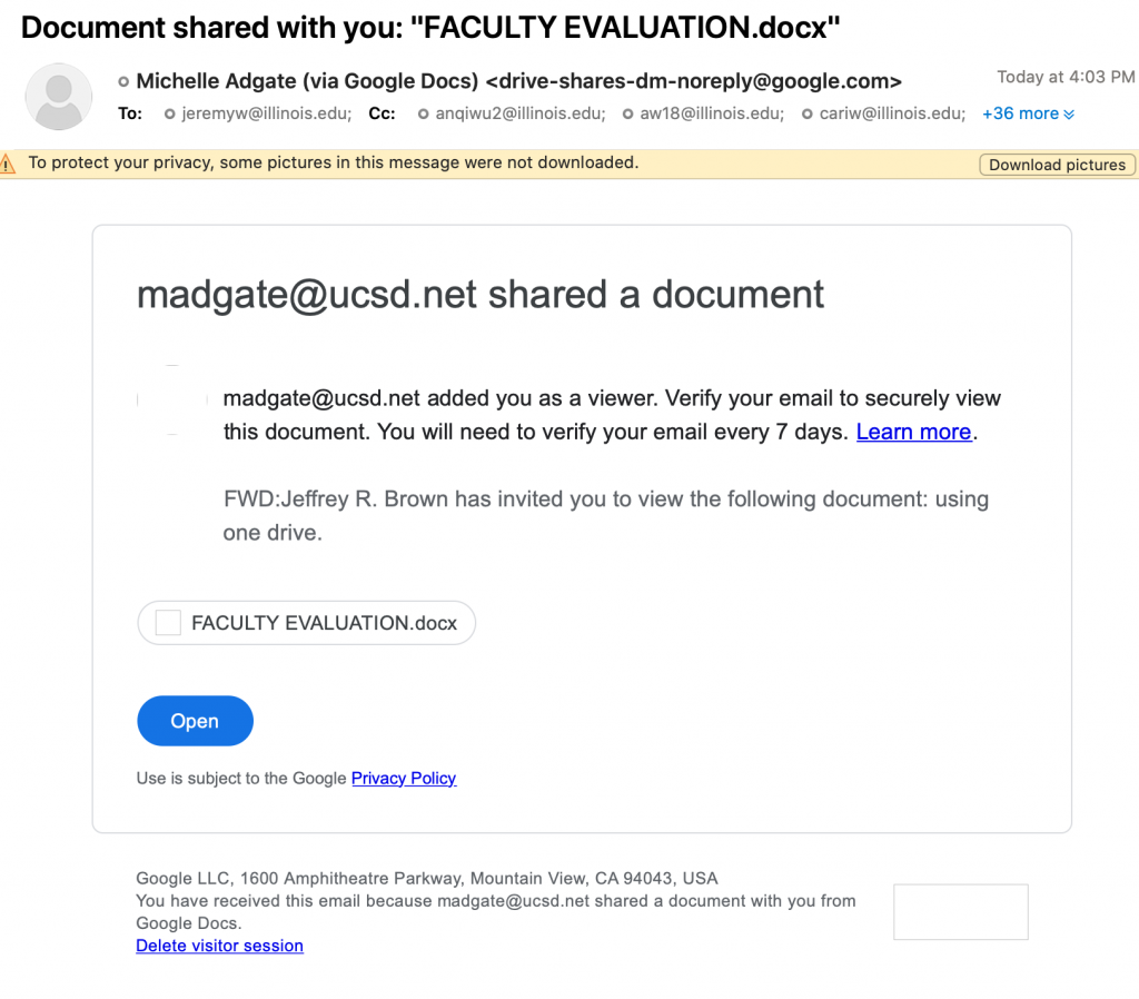 Third example of a faculty eval invite via Google Docs purportedly from madgate at ucsd dot net