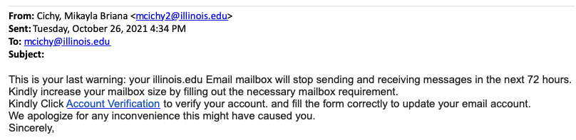 screenshot of message threatening that the email account will stop sending and receiving unless verified within 72 hours
