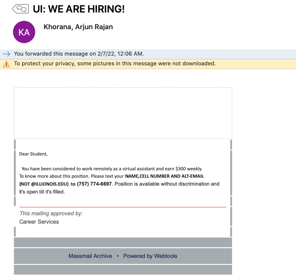 A scam message that claims to offer a virtual assistant job for $300 weekly. The scammers used a WebTools MassMail design skin to make it look official and signed it Career Services.