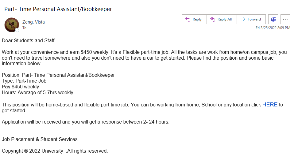 Screenshot of Part-Time personal Assistant/Bookkeeper Phishing Attempt