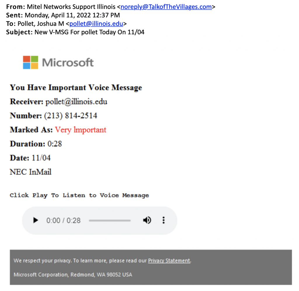Fake voicemail notification purporting to be from Mitel Networks Support Illinois. The body looks like an automated Microsoft voicemail form but has clickable email, phone, etc., fields that all lead to malicious links. It has a red 'very important' status message to increase urgency.