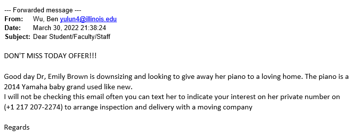 Screen shot of Piano phishing attempt