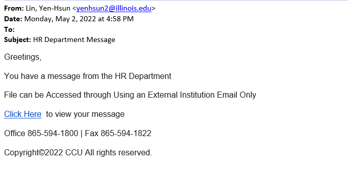 Screenshot of HR Department Message