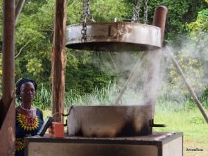Women parboilers from Dassa and Glazoue in Benin, students from McGill university, Canada and team-AfricaRice at a rice parboiling demonstration workshop held in September 2014. / Credit: R.Raman, AfricaRice