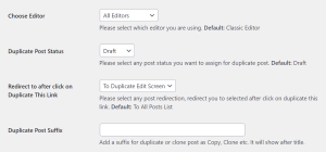 Suggested settings for Duplicate Page (All Editors, Draft, To Duplicate Edit Screen, and blank)