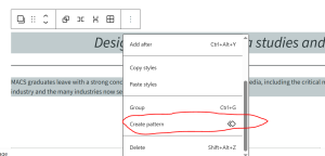 In the Options menu, the Group item is just before the Create Pattern item.
