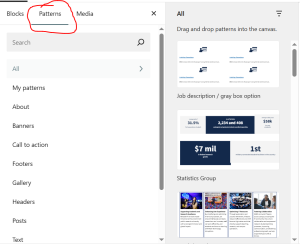 The Block insert sidebar contains three tabs across the top: Blocks, Patterns, and Media.