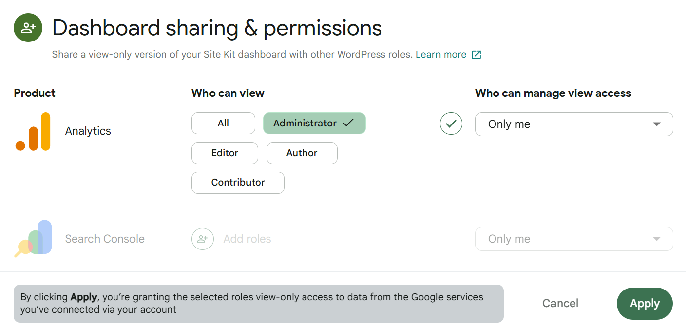 Google Site Kit Dashboard settings screen snippet showing the top of the Site Kit Dashboard including showing the setting of the Who Can View value.