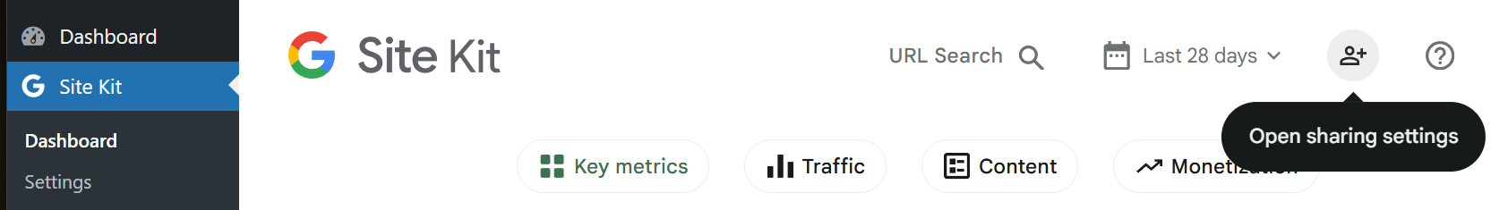 Google Site Kit Dashboard settings screen snippet showing the top of the Site Kit Dashboard including the Open Sharing Settings button being selected.
