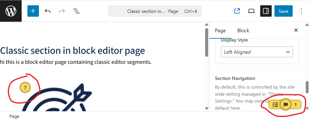 Editoria11y will display a question icon by specific elements and a summary of identified issues on the page in the lower right corner.