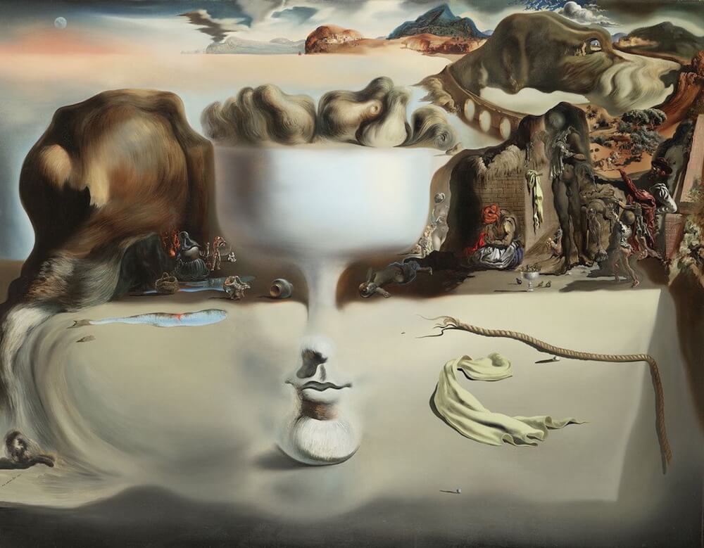 Salvador Dalí painting of a cup with fruit on top that also appears to be a face