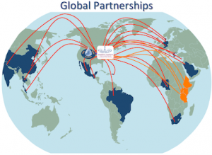 A map of the world highlighting countries that partner with the institute including China, India, Mexico, Brazil, South Africa, Tanzania, Saudia Arabia, and others.