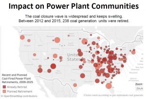 Map of communities where coal power plants have closed in recent years.