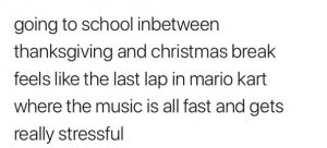 Screenshot of tweet that reads, "going to school in between thanksgiving and christmas break feels like the last lap in mario kart where the music is all fast and gets really stressfull"