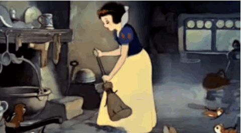 Snow White sweeps a dusty house with help from many small animals