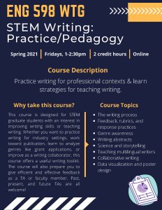A course promotion poster with the course name (ENG 598 WTG STEM Writing Practice/Pedgagogy), along with course times, a description, a paragraph on reasons to take the course, and a list of course topics. The poster is blue with yellow accents, with a white and blue diagonal stripe pattern at the bottom and an illustration of a clipboard with graphs in the corner.