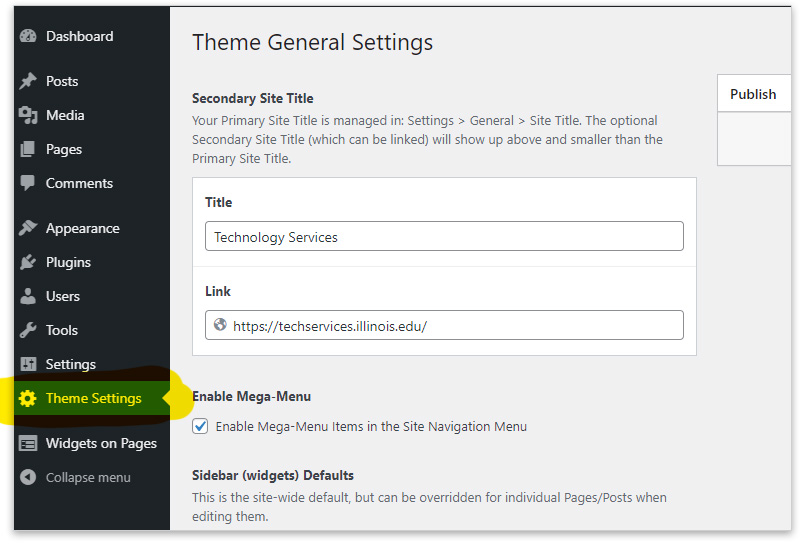 Screen Shot showing the Theme Settings Menu option and page on the WordPress dashboard