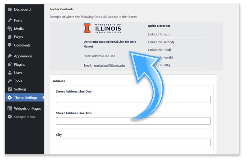 Screenshot showing where to edit the Address section of the footer on the WordPress dashboard