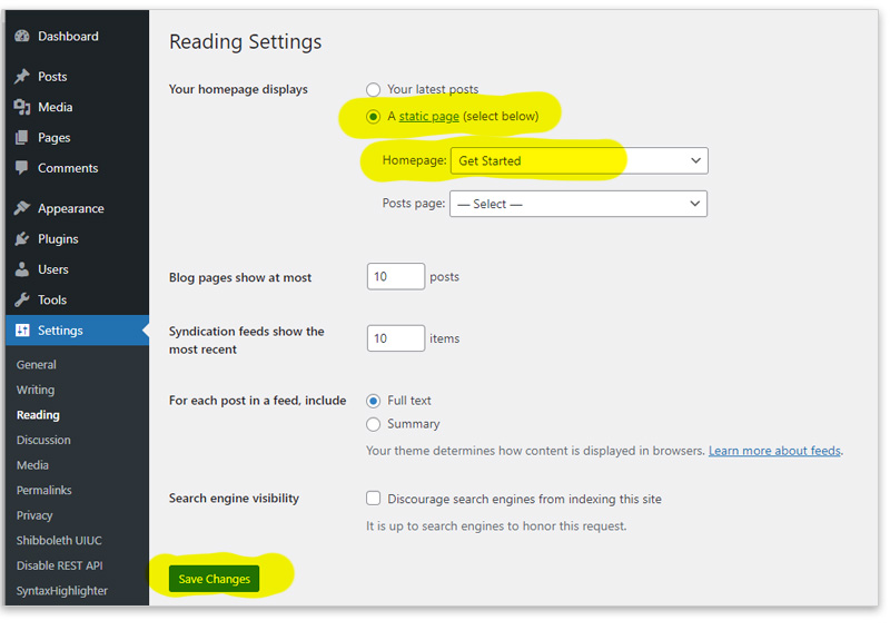 Screenshot of Reading Settings Page with the homepage displays options highlighted in yellow. 