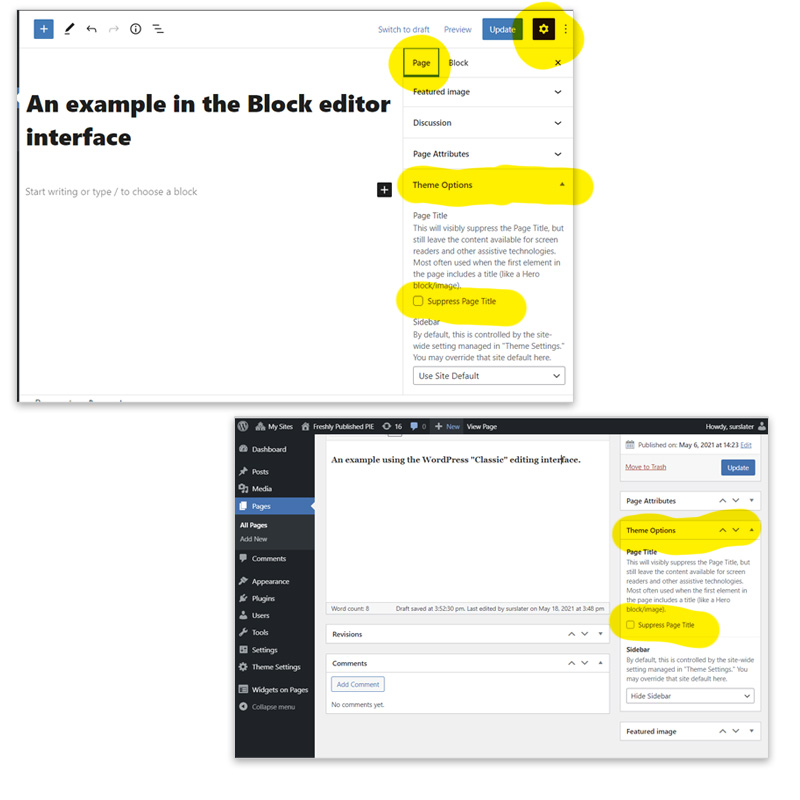 Screenshots showing where to control the show/hide option for page/post titles in the classic and block editor in WordPress for the University of Illinois theme