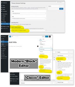 Screenshots of the Theme Settings and page/post edit screens, for classic and block editing, highlighting the sections where the sidebar can be displayed/hidden.