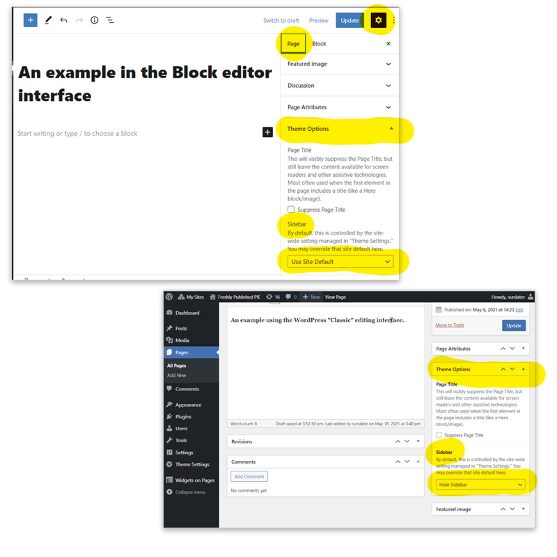 Screen shots showing where to access the Theme Options > Sidebar controls in the classic and block editors.