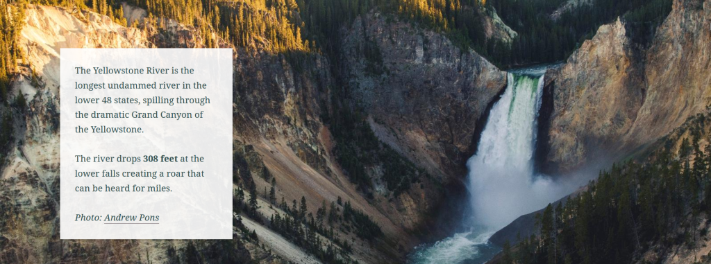 Screenshot of a storymap with text about and an image of the Yellowstone River.