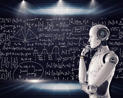 robot looking contemplative, background math equations