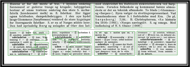Some text in ABBYY FineReader. Not all of the appropriate text is contained within a box, indicating the human labor that needs to go in to correct this. 