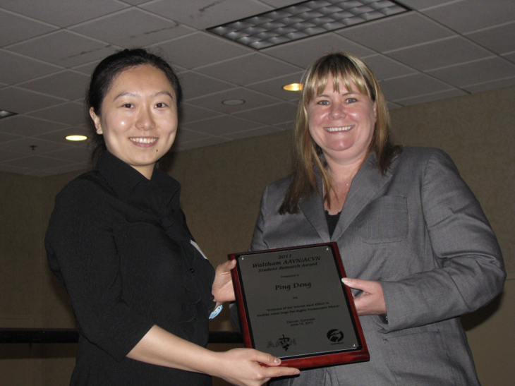 Ping Deng receives the AAVN & Waltham Student Nutrition Research Award at the 2011 AAVN Symposium in Denver, CO