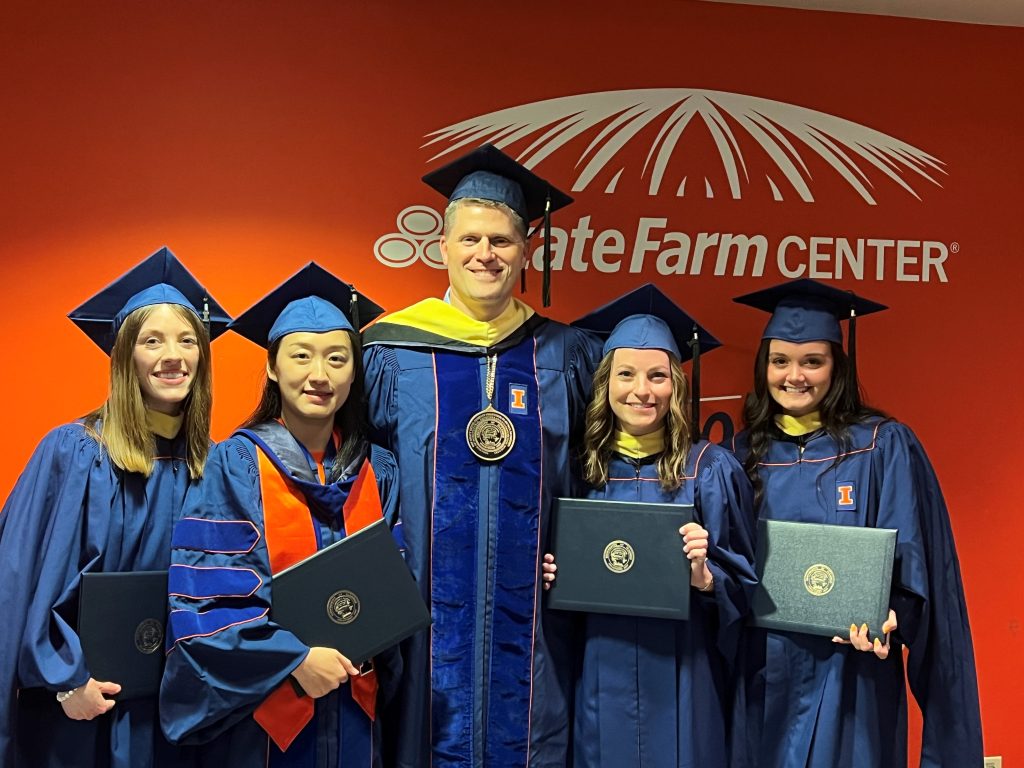 Graduation ceremonies May, 2023.  Leah, Yifei, Dr. Swanson, Meredith, and Sam