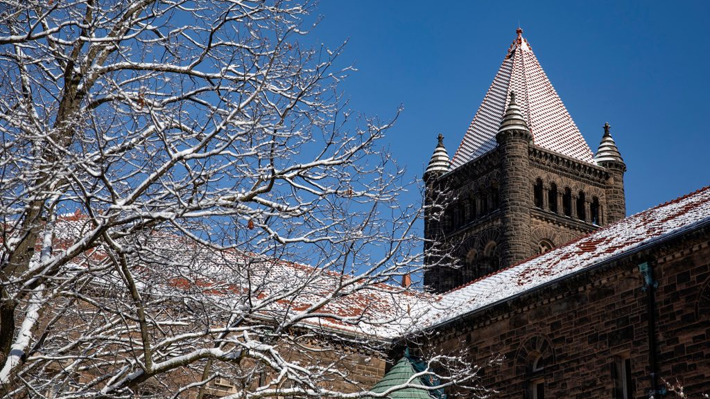 The tower of Altgeld Hall is dusted in snow, as are the bare branches of the tree beside it.