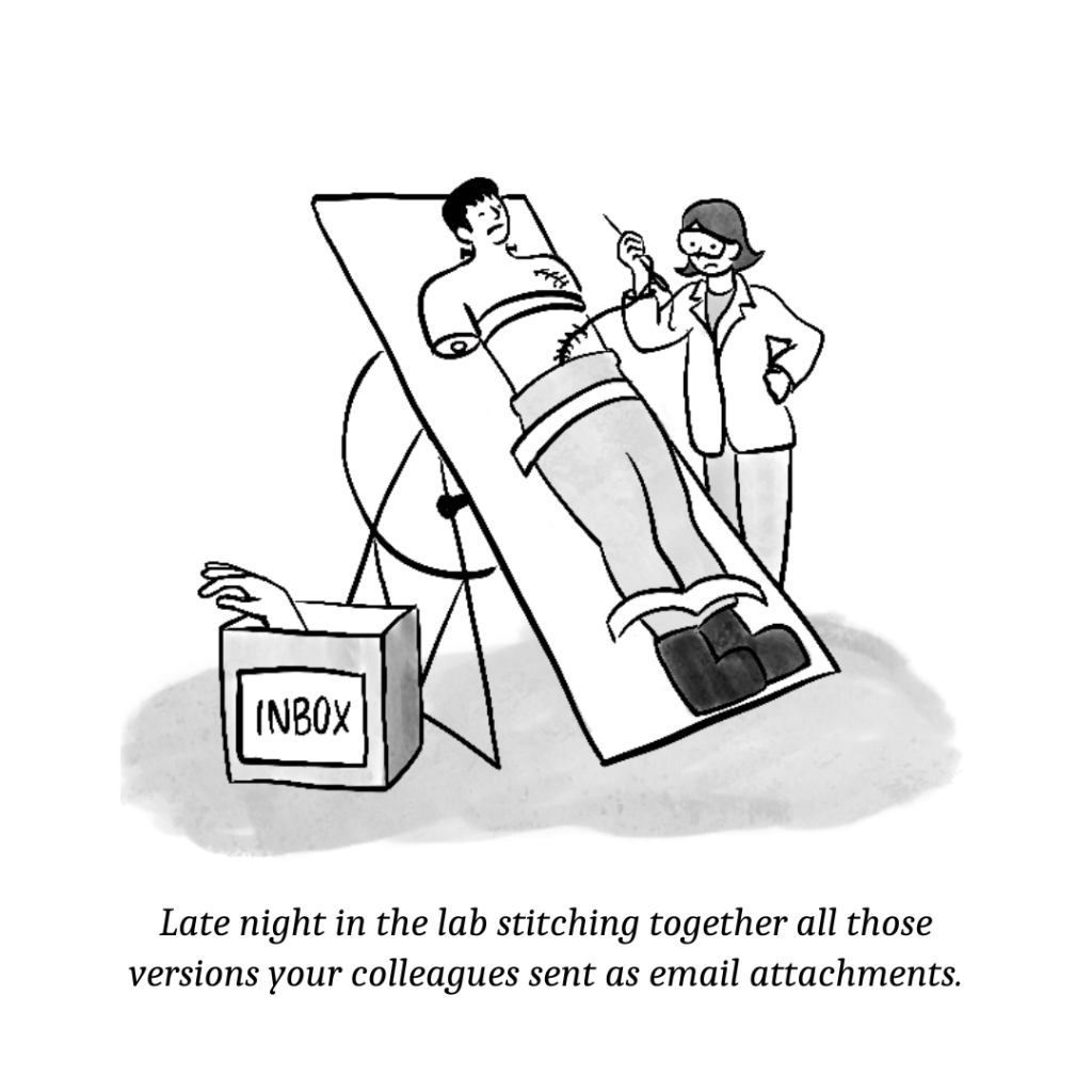 Single frame comic: Frankenstein's monster lays strapped to a table while a frowning scientist in goggles and a lab coat stitches him up. In the foreground a box labeled "inbox" holds a severed arm yet to be attached. The caption reads, "Late night in the lab stitching together all those versions your colleagues sent as email attachments."