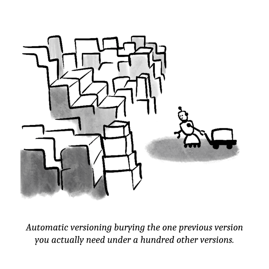 Single frame comic: A robot pulls a cart with a box on it towards a massive pile of lots of other boxes. The caption reads, "Automatic versioning burying the one previous version you actually need under a hundred other versions."