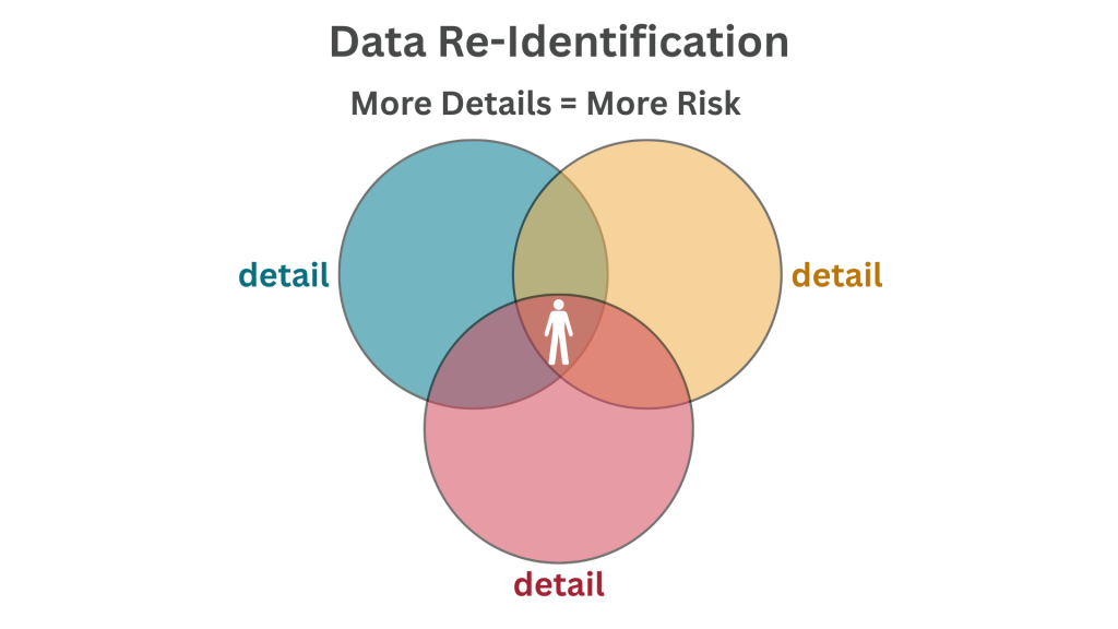 Venn diagram of three overlapping circles titled Data Re-Identification: More Details = More Risk. Each circle represents a detail, and in the center where the three circles overlap there is an icon representing a person.