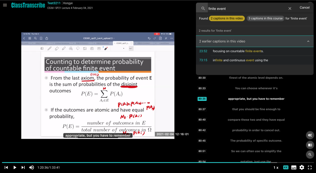 Example of ClassTranscribe video interface with searchable captions