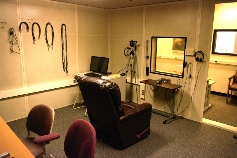 Hearing Research Lab sound booth, recliner, and equipment.
