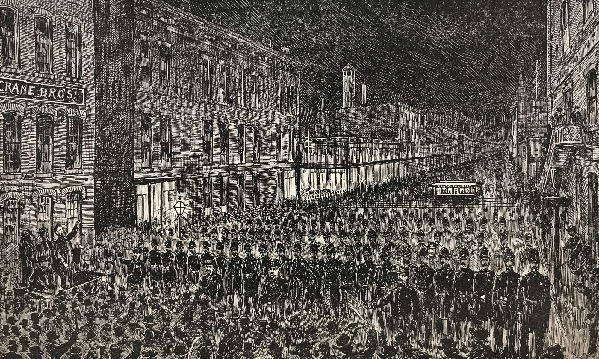 Illustration of the rally, and approaching police, in Haymarket Square the evening of May 4, 1886.