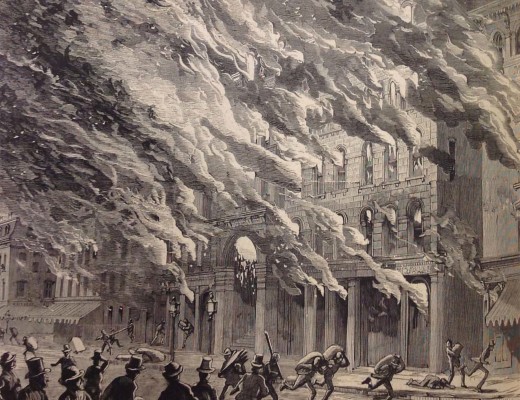 Illustration of the burning of Crosby’s Opera House, 1871.