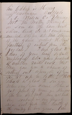 Letter from Henry Brown to Jacob Barnes, page 3. In this letter he described the coming of a new railway, which directly connected Chicago, Illinois, to Fort Scott, Kansas