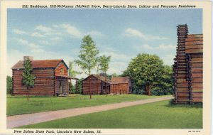 Postcard depicting the Hill residence, the Hill-McNamar (McNeil) store, the Berry-Lincoln store, and the Lukins and Ferguson residence at Lincoln's New Salem